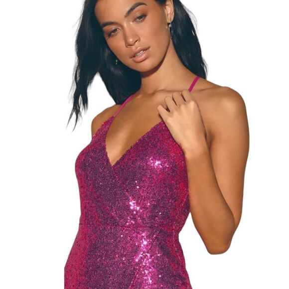 Lulus Sleeveless Hot Pink Hilaria Knit Sequin Mini Wrap Surplice Dress Women's M - Picture 1 of 11